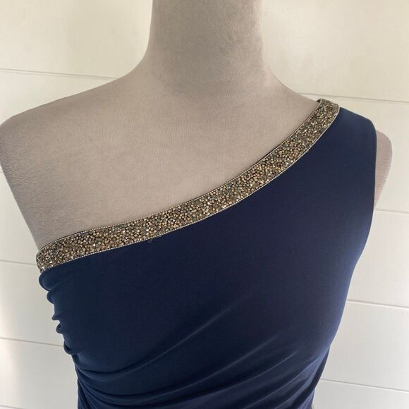 Adrianna Papell One-Shoulder Jersey Gown Navy Blue Sz 2 - Picture 3 of 13